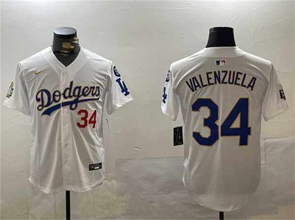 Mens Los Angeles Dodgers #34 Toro Valenzuela White Gold 2024 World Series With Fernando Memorial Patch Home Limited Stitched Jersey